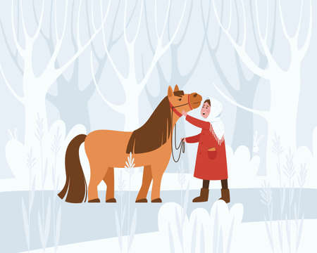 A little girl walks through the winter forest with her horse. Winter fairy tale. Caring for your pet. Flat vector illustration.のイラスト素材