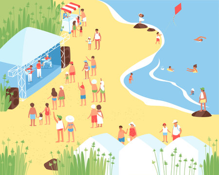 Holiday on the seashore. People listen to music on the seashore in the summer. People swim in the sea during a party. Children eat ice cream. Flat vector illustrationのイラスト素材