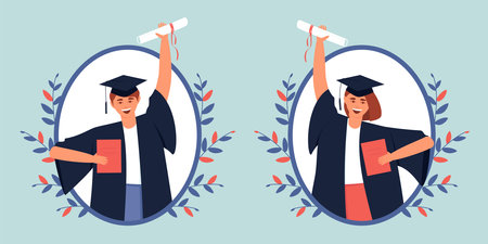 Graduates in a frame with a diploma and a scroll. Close-up of graduates in black dress and graduation hat. Happy teenagers graduated from an educational institution. Flat vector illustration.のイラスト素材