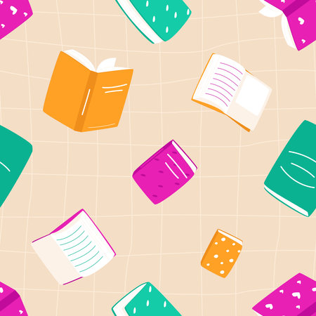 Seamless pattern with flying books. Pattern for wrapping paper in a bookstore. Illustration with books. Flat vector illustration.のイラスト素材