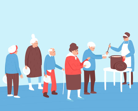 Elderly people stand in queue for social hot meals. Charitable, volunteer activities. Help for people in a difficult situation. Flat vector illustration.のイラスト素材