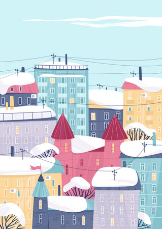 Winter city postcard with colorful houses in the snow. Bright winter day in a small town. Flat vector illustration.のイラスト素材
