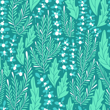 Seamless winter pattern with mistletoe and grass. For fabrics and accessories. Template for fashion prints. Modern floral background. Flat vector illustration.のイラスト素材