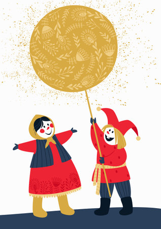 The characters are holding a circle in their hands. The circle is a symbol of the sun, the personification of positive energy, the circular change of the seasons. Flat vector illustration.のイラスト素材