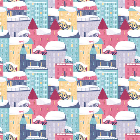 Seamless pattern of a winter city with colorful houses in the snow. Bright winter day in a small town. Flat vector illustration.のイラスト素材