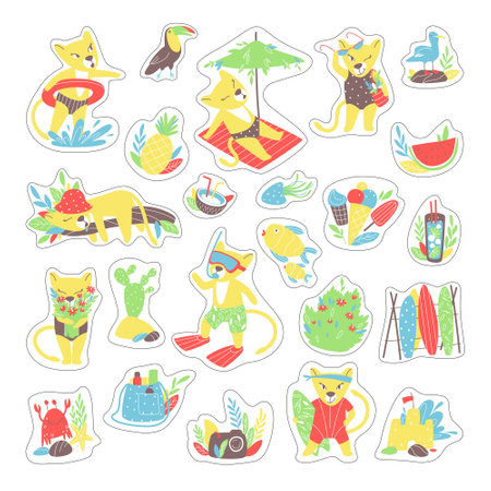 <p>A set of stickers with a lioness on the beach. Crab, seagull, toucan, jellyfish and fish. Plants and beach food. Summer holidays on the beach. Flat vector illustration.</p>のイラスト素材