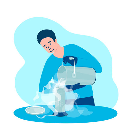 The doctor pours liquid nitrogen for cryogenic treatment of the patient. Cryosurgery is used to treat benign and malignant skin tumors. Flat vector illustration.のイラスト素材