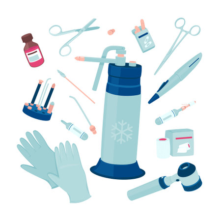 Set with instruments for cryosurgery. Medical instruments: self-locking bandage, surgical scissors, dermatoscope, cryoprobe, cotton swab, cryogenic cylinder, gloves. Flat vector illustration.のイラスト素材