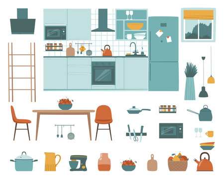 A set of furniture for the kitchen and dining room. Flowers, refrigerator, table, kitchen, microwave, dishes. Different furniture for interior design in the same style. Flat vector illustration.のイラスト素材