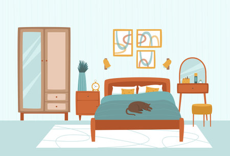 Bedroom with double bed, wardrobe and dressing table. Paintings, flower and carpet decorate the bedroom. The cat is resting on the bed. Flat vector illustration.のイラスト素材