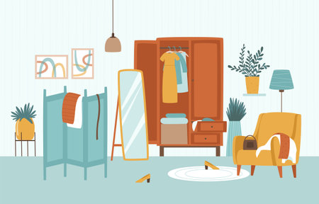 A room with a wardrobe, a mirror and an armchair for choosing an outfit. A mess in the dressing room. Flat vector illustration.のイラスト素材