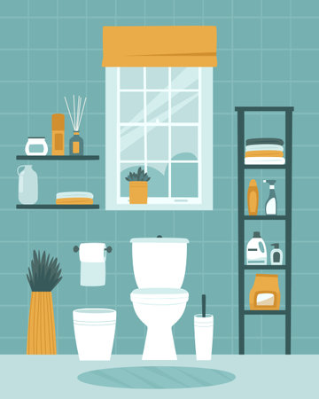 Toilet design with toilet bowl, shelves and household chemicals. A window with flowers decorates and adds coziness to the toilet room. Flat vector illustration.のイラスト素材