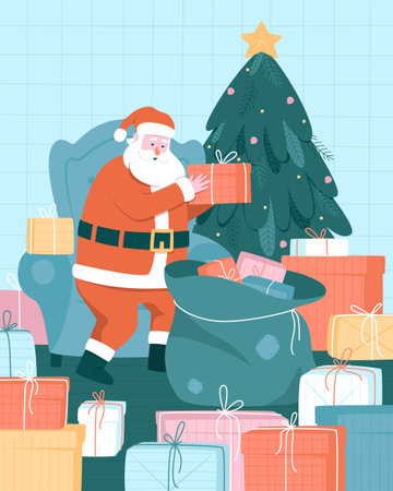 Santa Claus collects gifts for children in a bag. Residence of Santa Claus. Christmas card. Flat vector illustration.のイラスト素材
