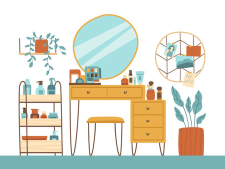 Vanity table with cosmetics in the interior. Mirror, cosmetics, vanity table, indoor flowers, pouf, shelves for cosmetics, photo frame. Flat vector illustration.のイラスト素材