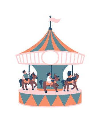 Happy children riding on carousel with horses. Carousel with rotating mechanism on isolated background. Flat vector illustration.のイラスト素材