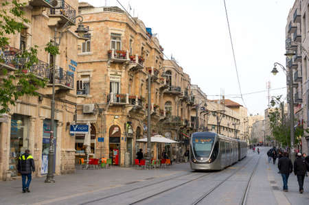 Jerusalem, Israel - April 15, 2015 Modern tramway on the streets of the ancient cityのeditorial素材