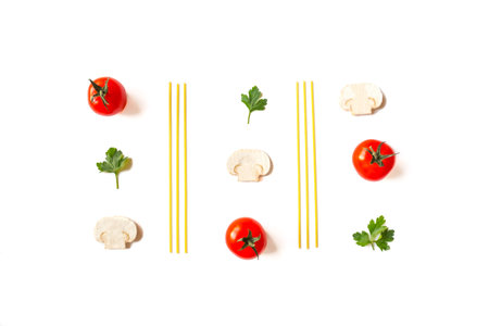 Raw pasta, spaghetti, tomatoes, mushrooms, parsley on white background top view