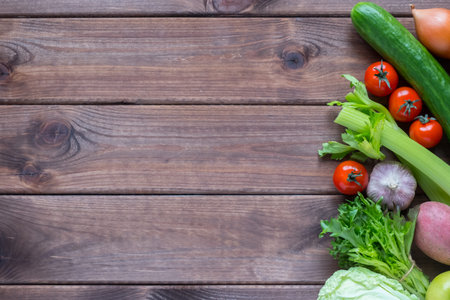 Top view vegetables on a wooden background. copy space.の写真素材