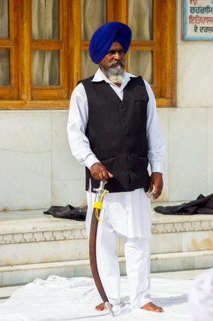 Amritsar, India - November 21, 2011: Sikh musicians at the Golden Temple complex, Amritsar, Punjab,...