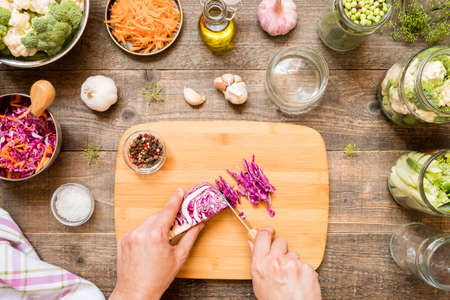 Hands cut cabbage for canning and other canning vegetables. Food preservation and conservation conceptの写真素材