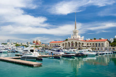 Sochi, Russia - May 18, 2018: Seaport building with yachts and boats anchored in the port of Sochiのeditorial素材