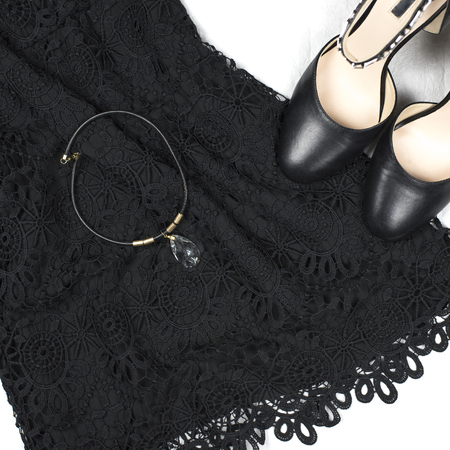 Black lace dress, highheels and crystle necklaceの写真素材
