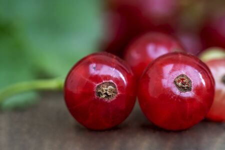 Ripe red currants in close up lazing on wooden table, green leaves on backgroundの写真素材