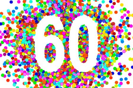 60 from colored confetti. 3D rendering isolated on white backgroundの写真素材