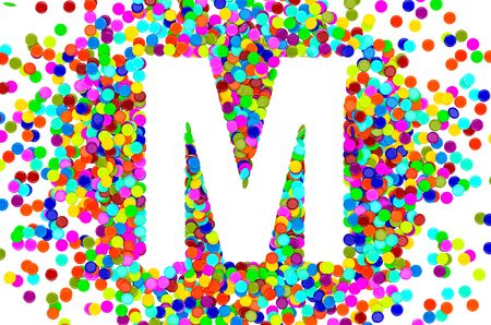 Confetti font, letter M from colored confetti. 3D rendering isolated on white backgroundの写真素材