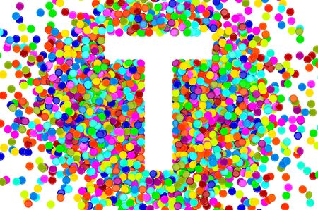 Confetti font, letter T from colored confetti. 3D rendering isolated on white backgroundの写真素材