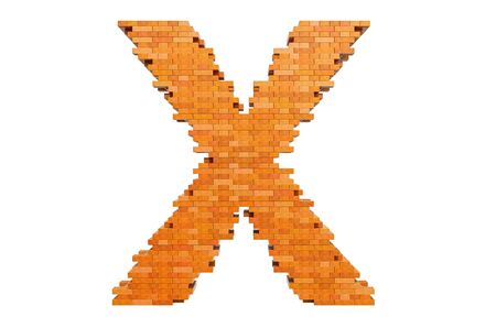 Bricks font, letter X from building bricks. 3D rendering isolated on white backgroundの写真素材