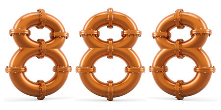 Number 8 from copper pipes, 3D rendering isolated on white background