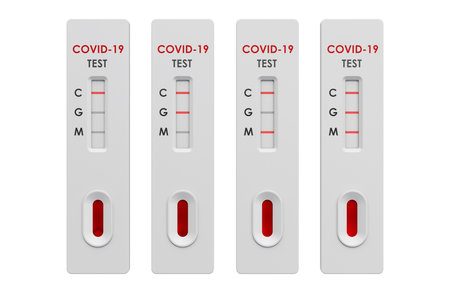 Tests COVID-19 coronavirus, positive and negative rapid test cassettes, 3D rendering isolated on...
