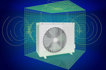 Visualization 3d cad model of air conditioner, outdoor compressor unit, blueprint. 3D renderingの写真素材