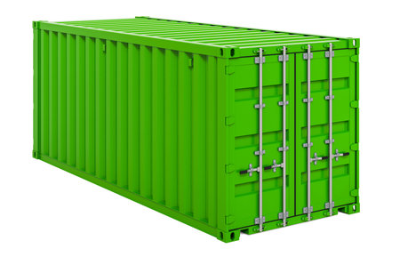 Green cargo container shipping freight, twenty feet.  3D rendering isolated on white background