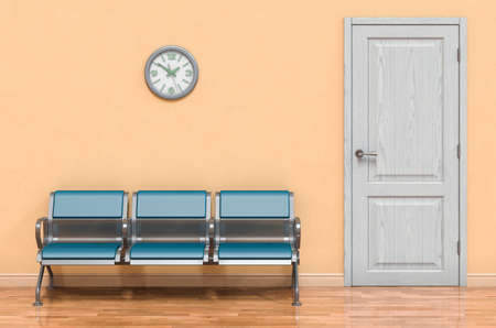 Bench or chairs in waiting room near door, 3D renderingの写真素材