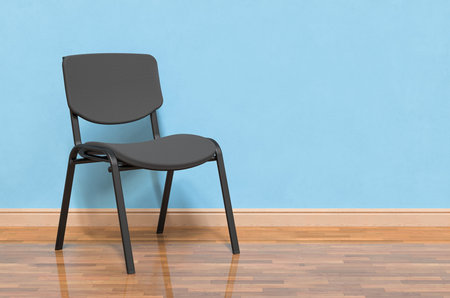 Black Office Chair without wheels in room near wall. 3D rendering