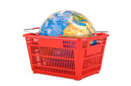 Shopping basket with Earth Globe. Global shopping concept, 3D rendering isolated on white backgroundの写真素材