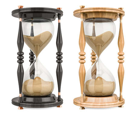 Wooden Sand Timer Hourglasses. 3D rendering isolated on white backgroundの写真素材