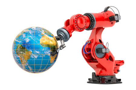 Robotic arm holding Earth Globe. Global Technology concept, 3D rendering isolated on white...