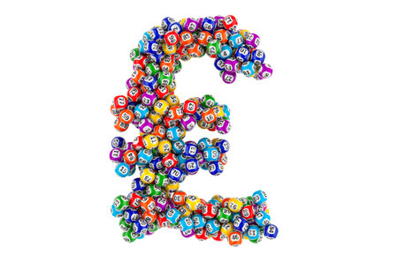 Pound sterling sign from colored lottery balls. 3D rendering isolated on white background