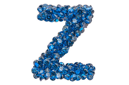 Letter Z from blue diamonds or sapphires with brilliant cut. 3D rendering isolated on white...