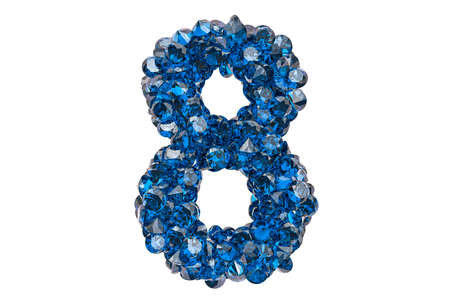 Number 8 from blue diamonds or sapphires with brilliant cut. 3D rendering isolated on white backgroundの写真素材