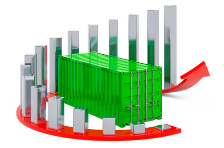 Cargo container with growing chart and red arrow. 3D rendering isolated on white background