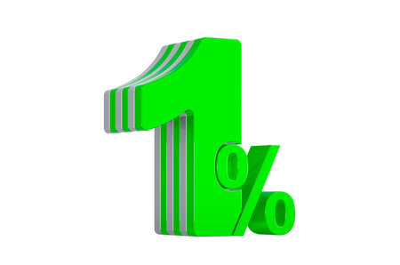 Green 1% percent, discount concept. 3D rendering isolated on white background