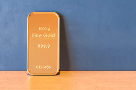 Golden bars closeup on the wooden table. 3D renderingの写真素材