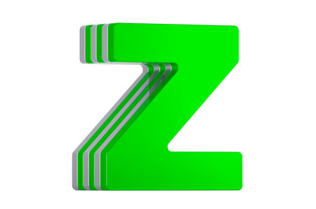 Green Letter Z, layered font. 3D rendering isolated on white background