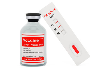 Coronavirus vaccine with test, 3D rendering isolated on white background