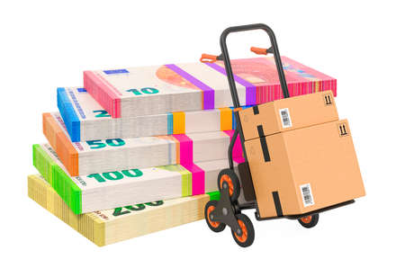 Hand Truck with parcels and euro packs, 3D rendering isolated on white backgroundの写真素材