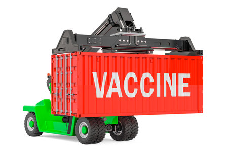 Vaccine delivery concept. Reach stacker holding cargo container with vaccine, 3D rendering isolated on white backgroundの写真素材